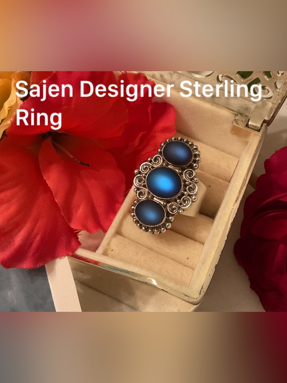 VINTAGE SAJEN 925 STERLING SILVER TRIPLE BLUE CHALCEDONY GEMSTONE RING SIZE 6